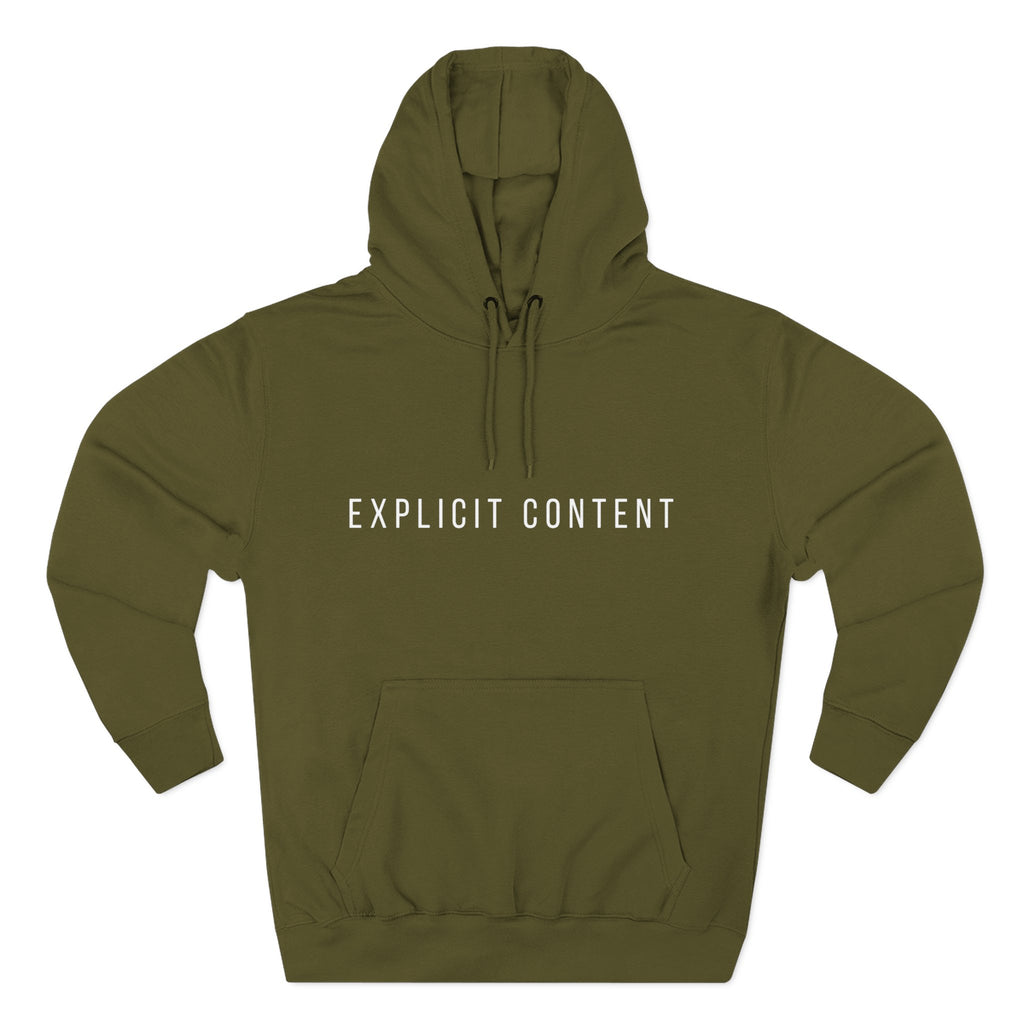 Army green pullover hoodie with hood, drawstring, and “EXPLICIT CONTENT” chest print