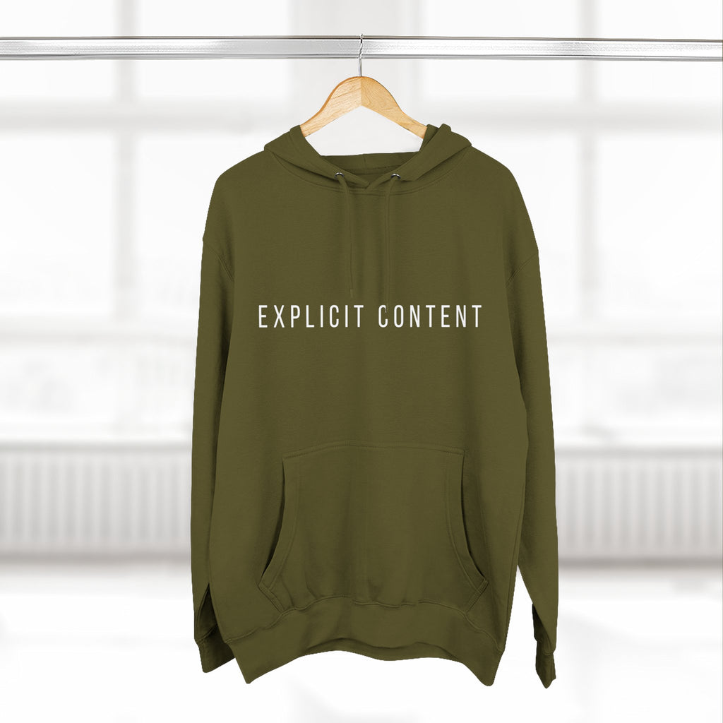 Army Green minimalist fleece hoodie, center “EXPLICIT CONTENT” chest print and hood