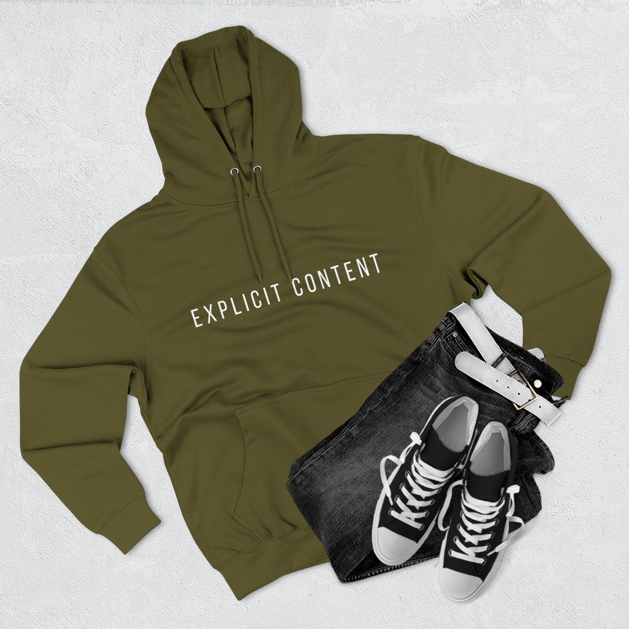 Army Green fleece pullover hoodie with front “EXPLICIT CONTENT” text and kangaroo pocket