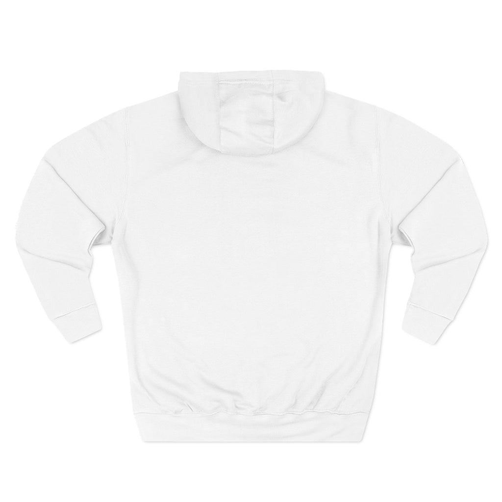 White pullover hoodie, back view with hood and drawstring; kangaroo pocket at front