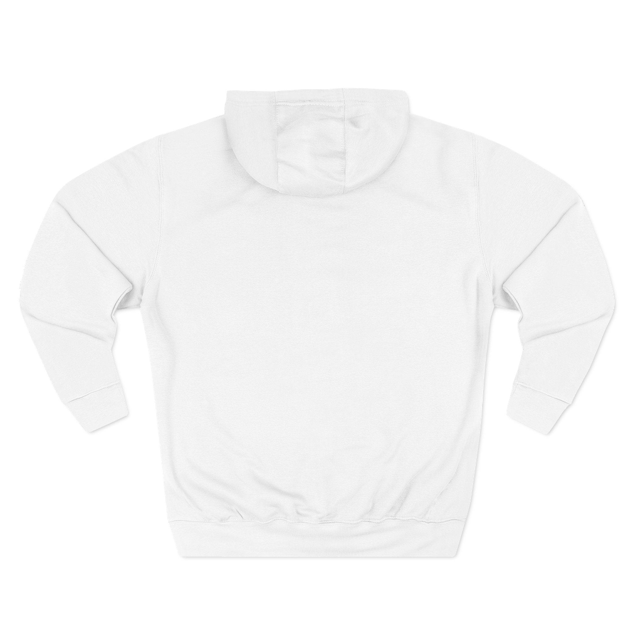 White pullover hoodie, back view with hood and drawstring; kangaroo pocket at front