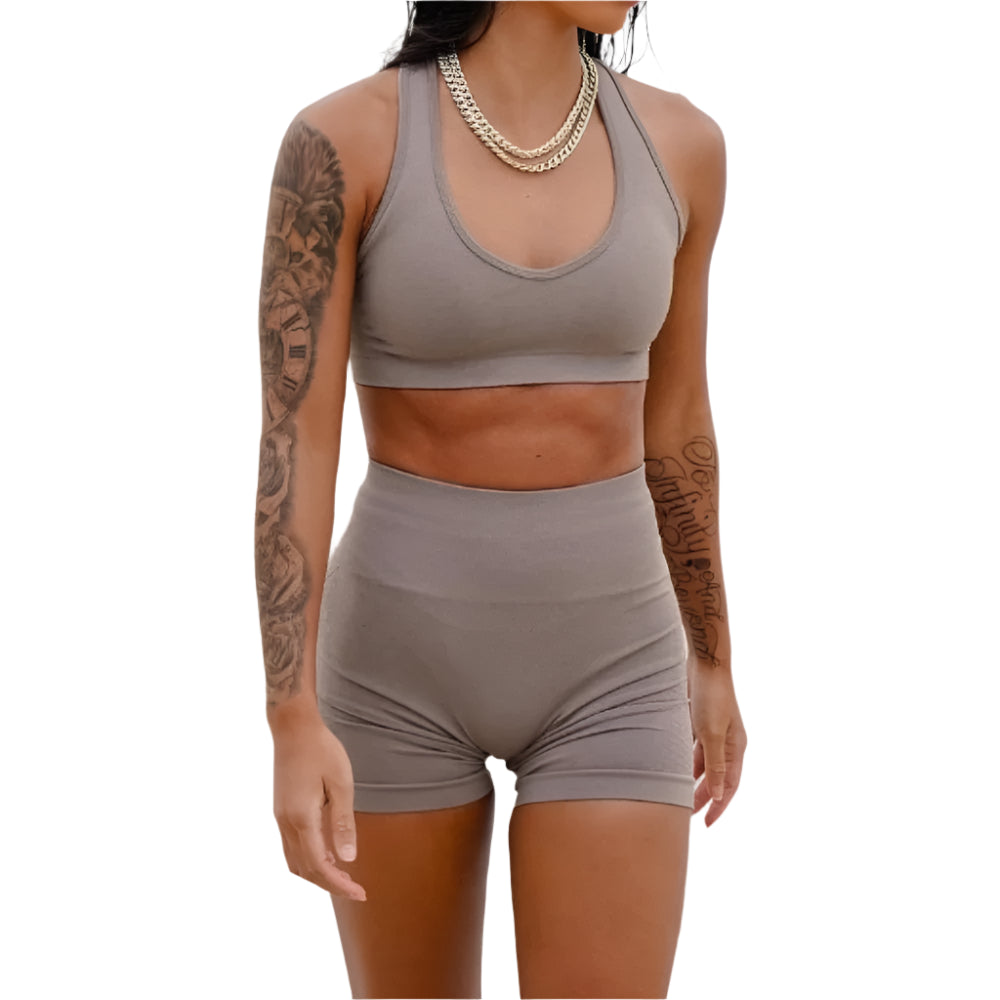Xooie Fit comfortable workout set featuring a crop top and high-waisted shorts in neutral tone