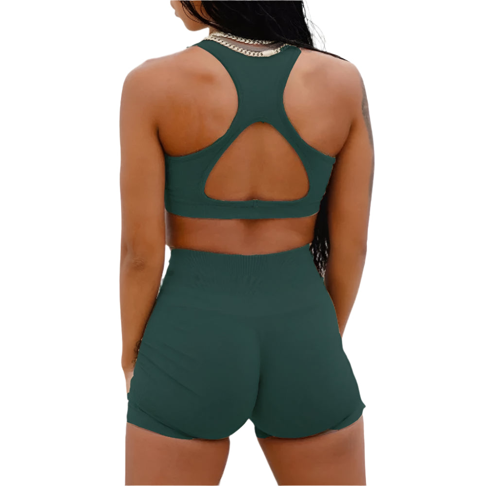 Xooie Fit comfortable workout set featuring a stylish cut-out sports bra and matching high-waisted shorts
