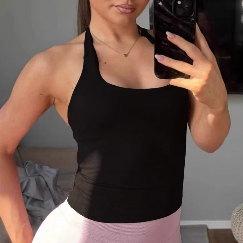 Xooie Fit compression halter tank top for women in black, ideal for workouts and stylish layering