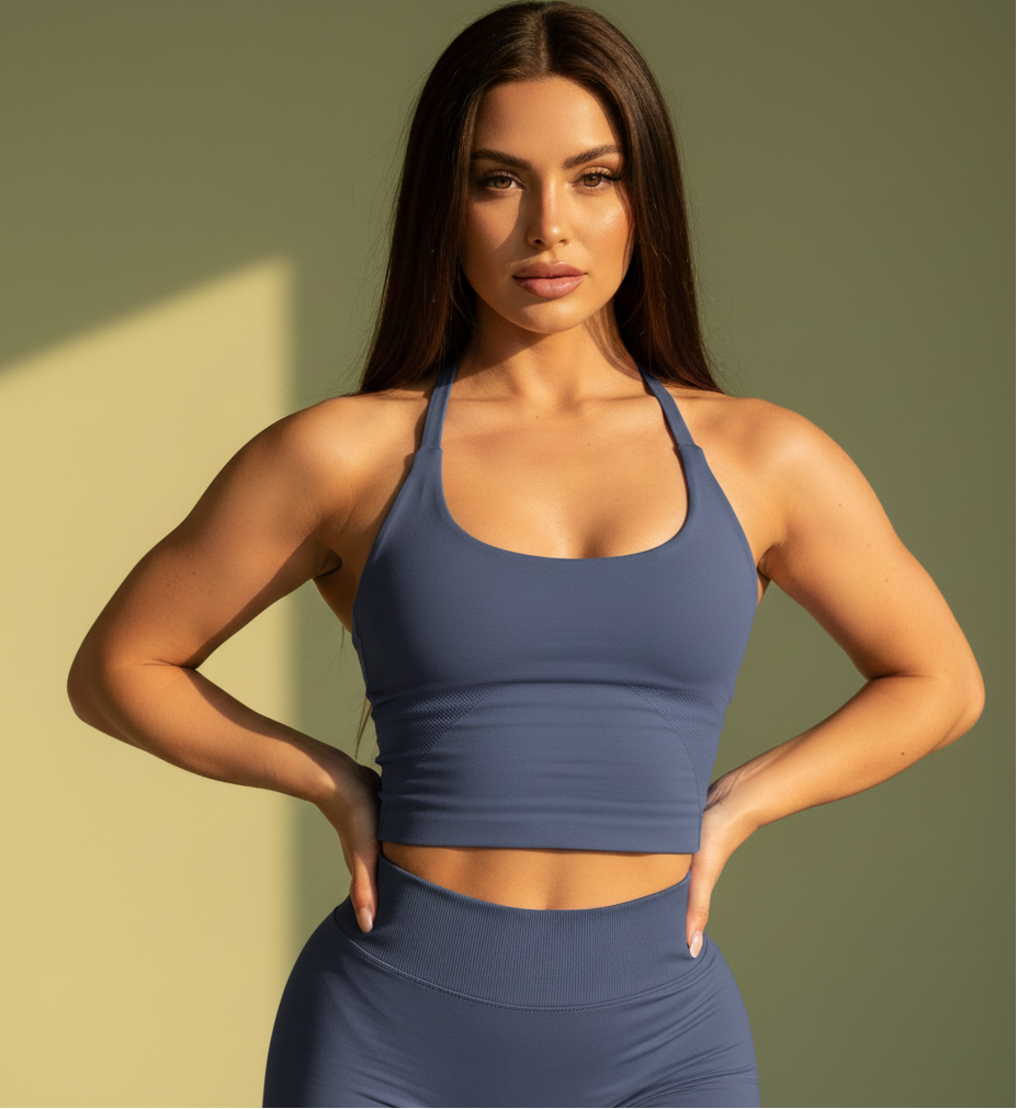 Xooie Fit compression halter tank top for women in blue with a flattering fit and comfortable design