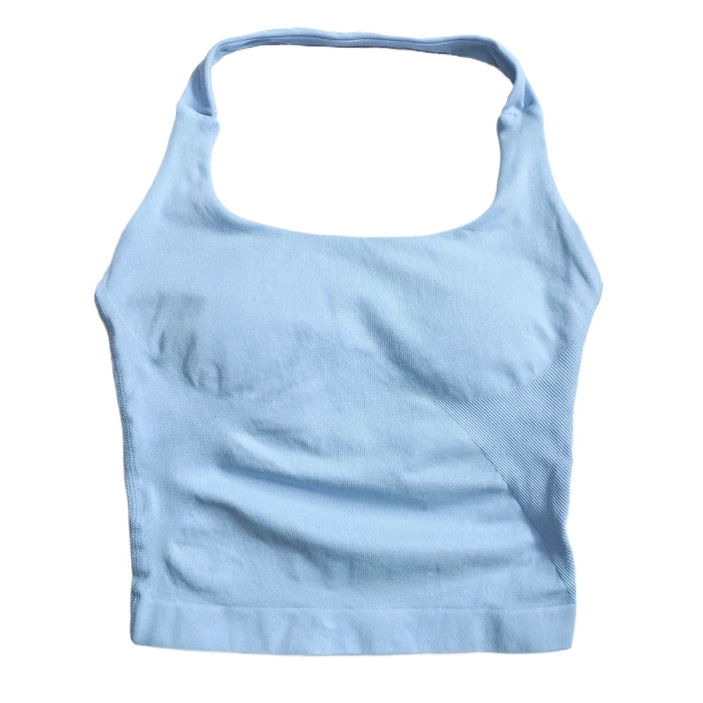Light blue compression halter tank top for women with a sleek fit for comfortable workouts
