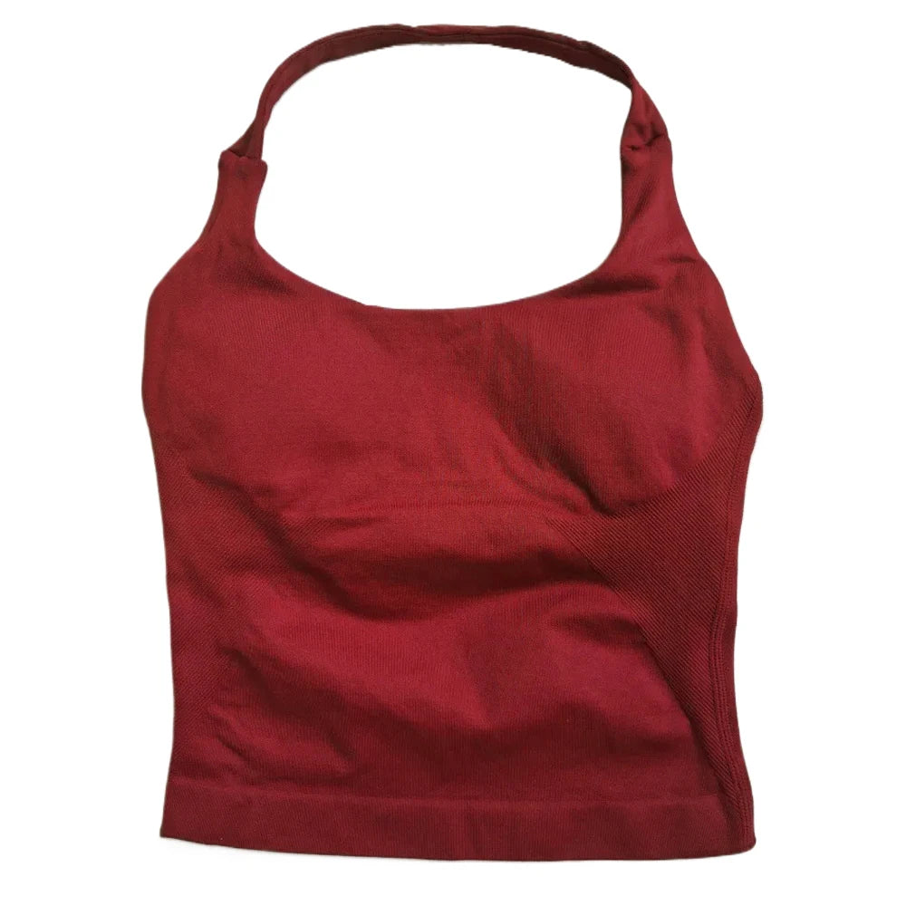 Xooie Fit compression halter tank top for women in burgundy, designed for comfort and style during workouts