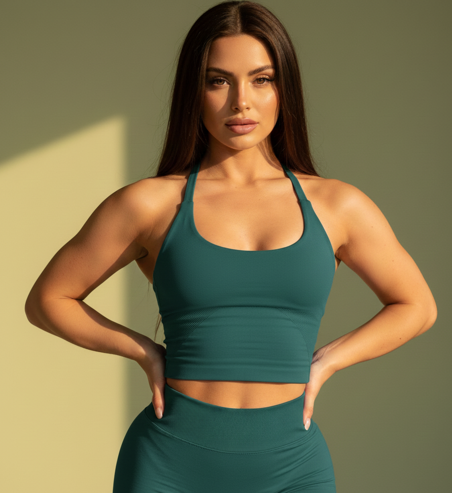 Xooie Fit compression halter tank top for women in teal with a flattering fit and comfortable design
