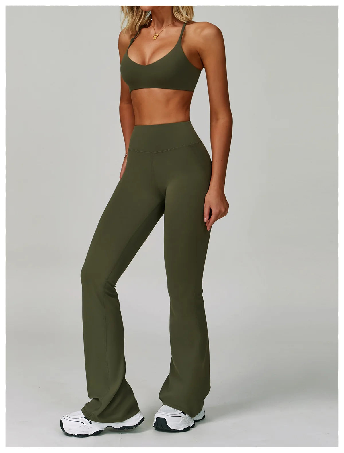 Xooie Fit criss cross back sports bra and flare pants set in olive green for stylish workouts