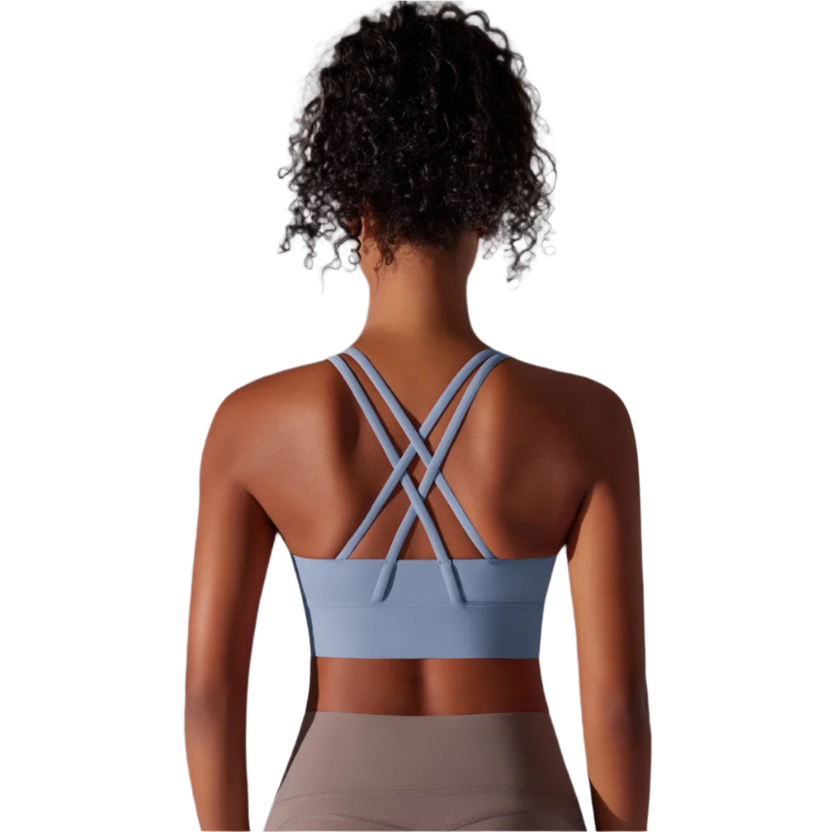 Blue grey criss-cross back active sports bra, back view with crossed straps