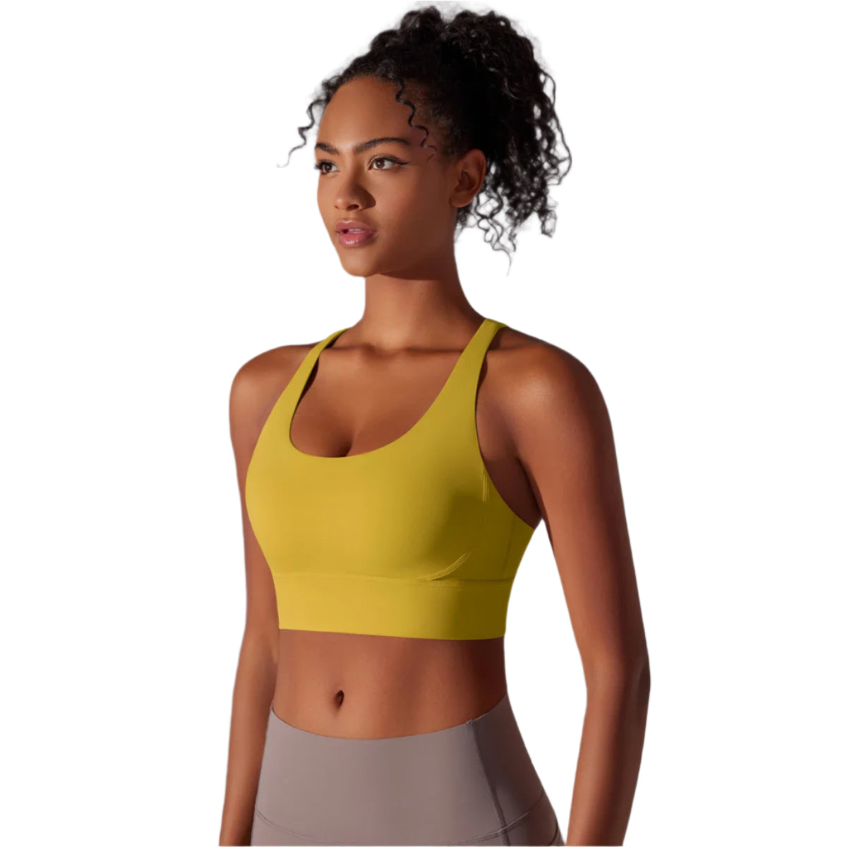 Mustard yellow active sports bra, front view with racerback neckline