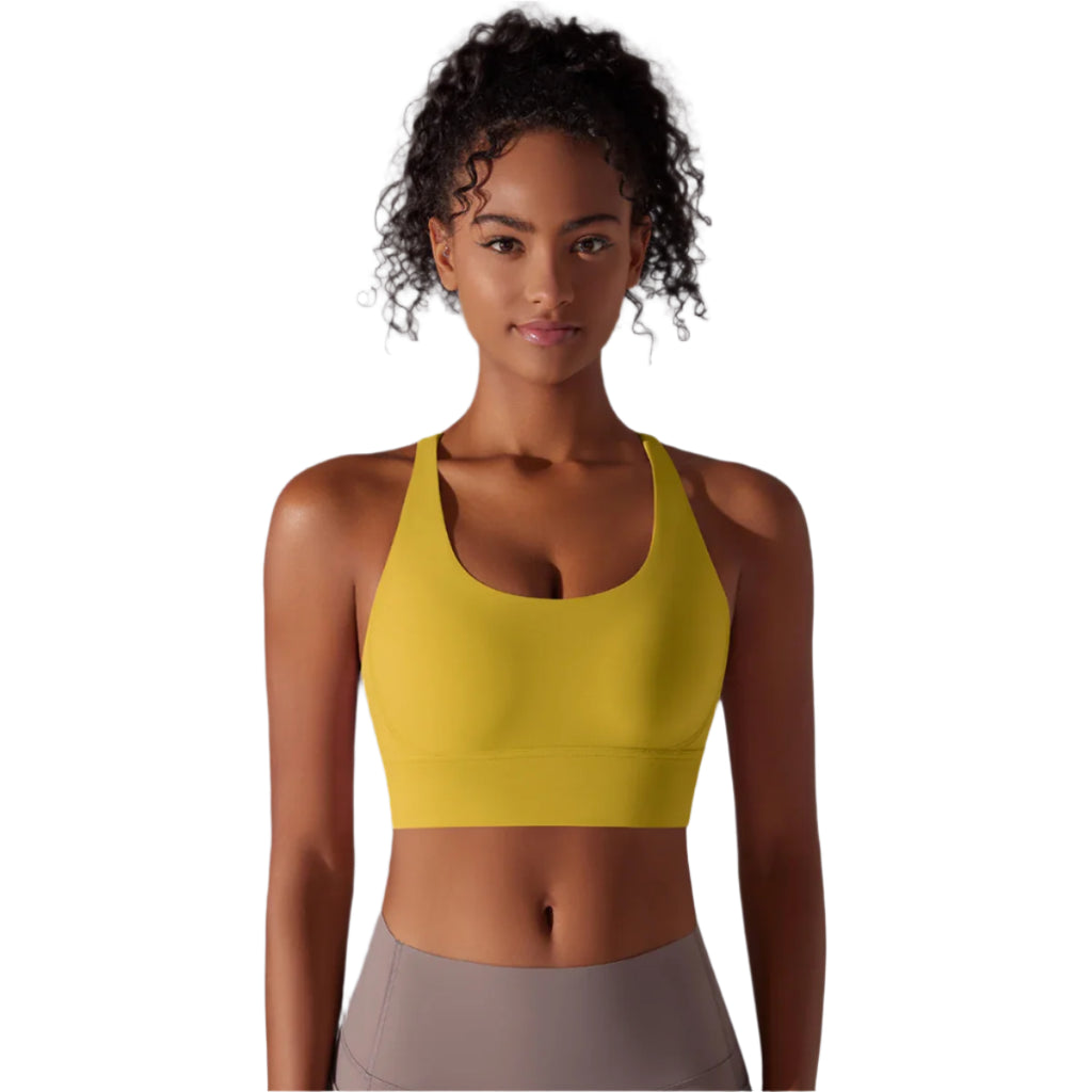 No Chill, Only Bills active sports bra in mustard yellow, scoop front