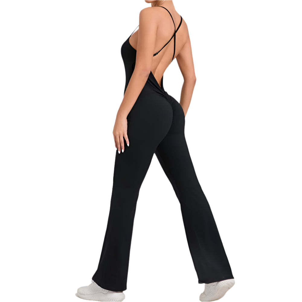 Women's crisscross back jumpsuit by Xooie Fit in black, featuring a stylish open back and flared legs