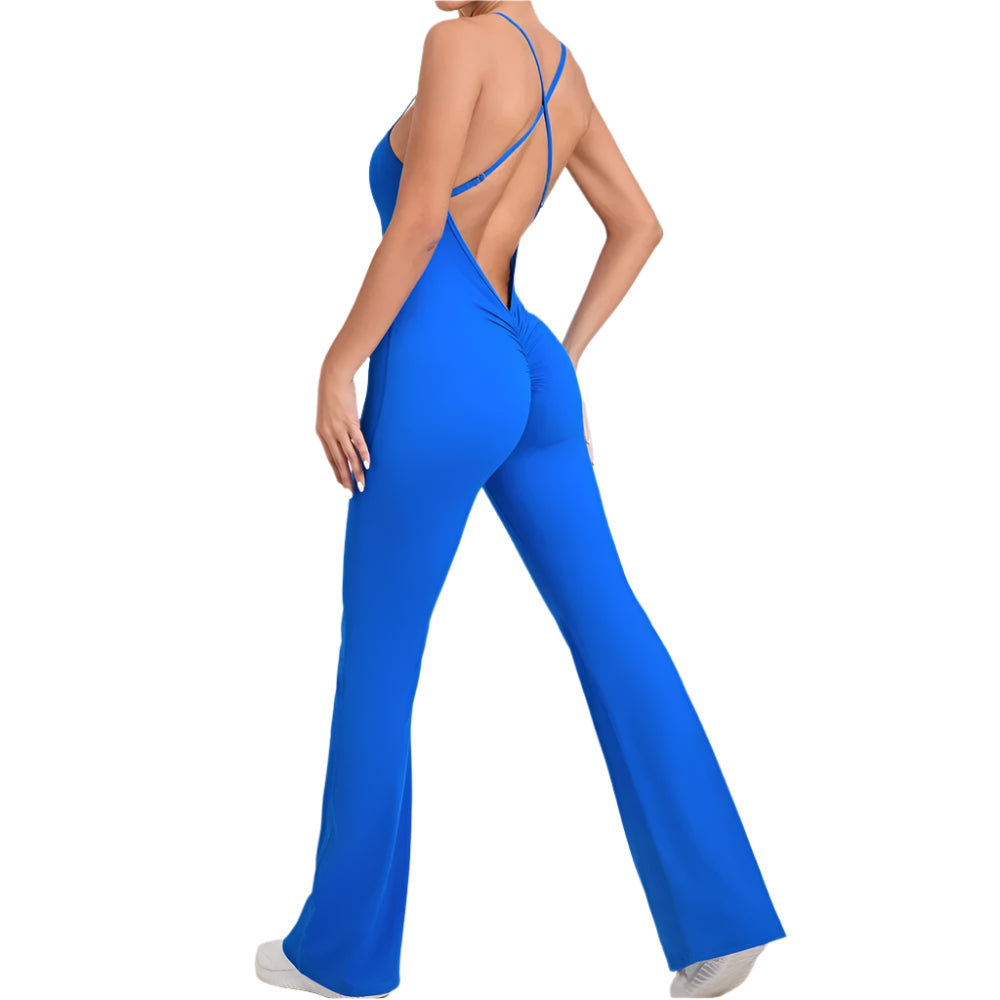 Stylish women's crisscross back jumpsuit in vibrant blue with a flattering fit and flared legs