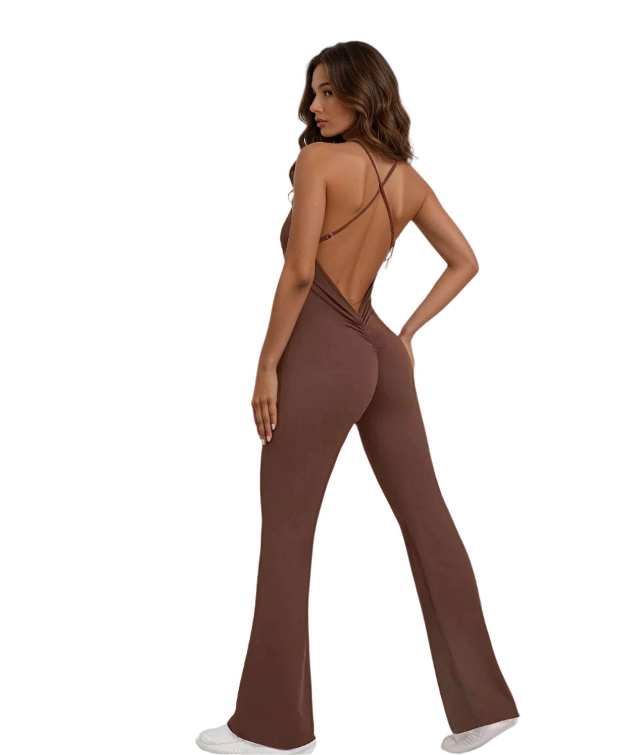 Stylish women's crisscross back jumpsuit in brown with a trendy flared leg design