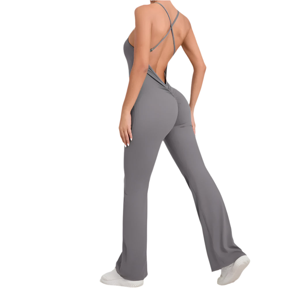 Stylish women's crisscross back jumpsuit in gray with a fitted design for comfortable wear