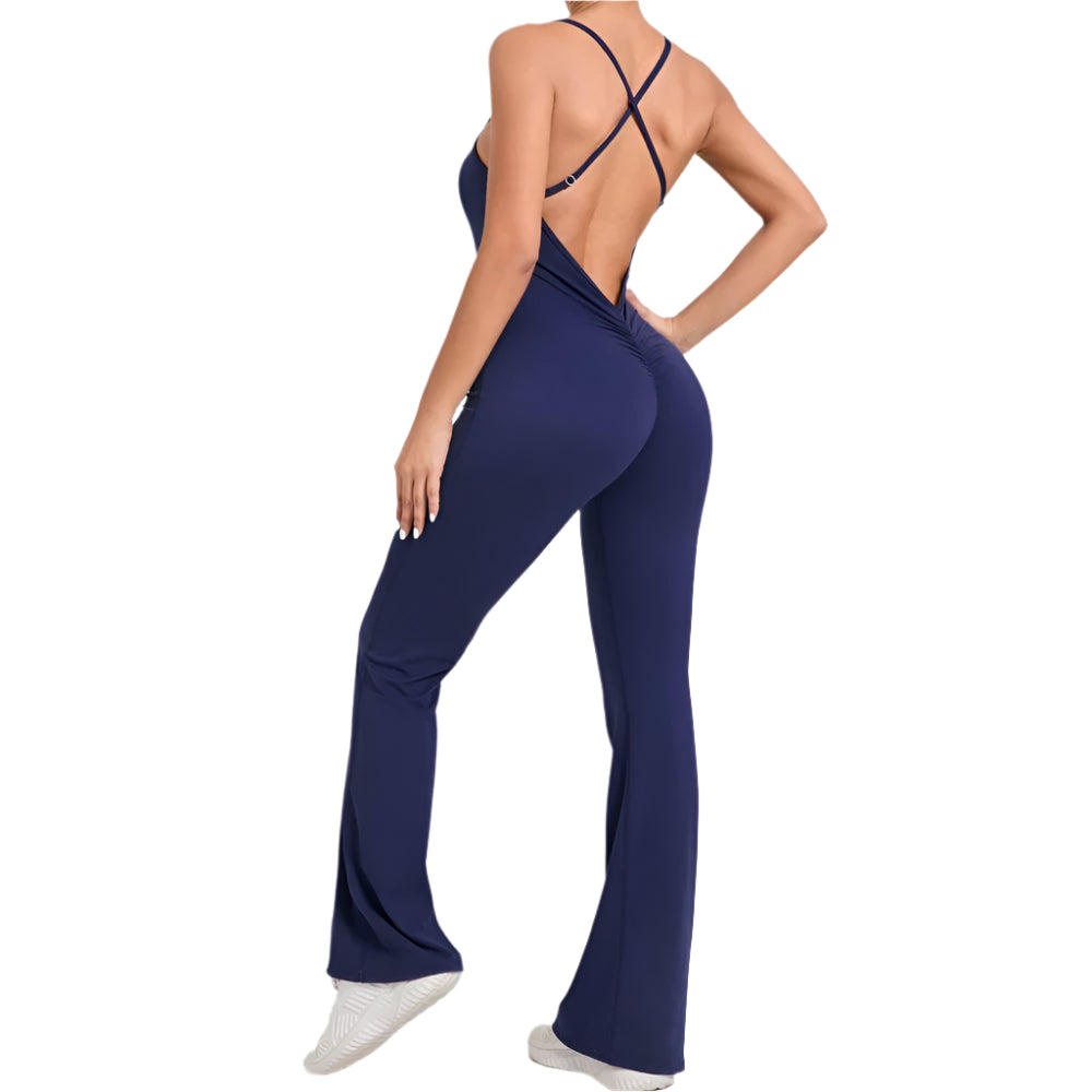 Xooie Fit women's crisscross back jumpsuit in navy with flared legs and stylish design