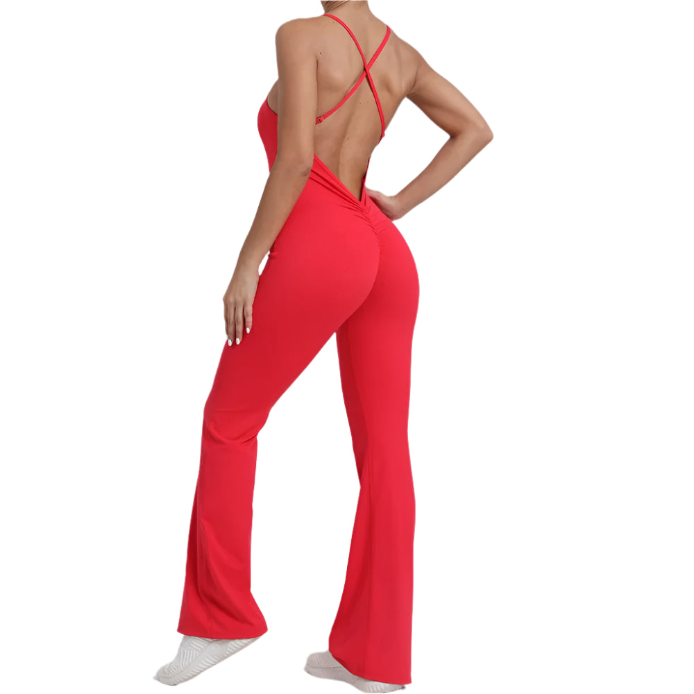 Stylish women's crisscross back jumpsuit in red featuring a flattering fit and flare design