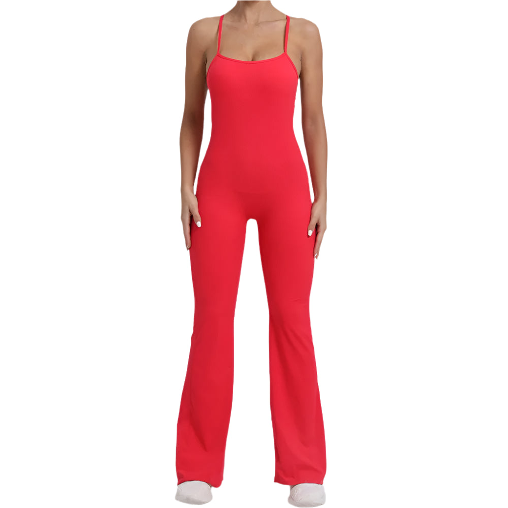 Stylish women's crisscross back jumpsuit in vibrant red with a sleek design for a chic look