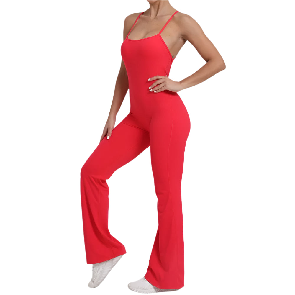 Stylish women's crisscross back jumpsuit in vibrant red with flared legs for a chic look