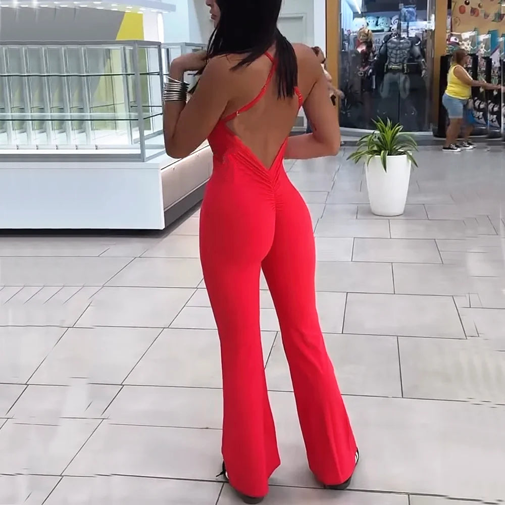 Stylish women's crisscross back jumpsuit in red, perfect for casual outings and summer events