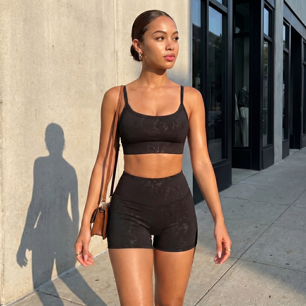 Black spaghetti-strap crop top and high-waisted shorts active set, stretch fit