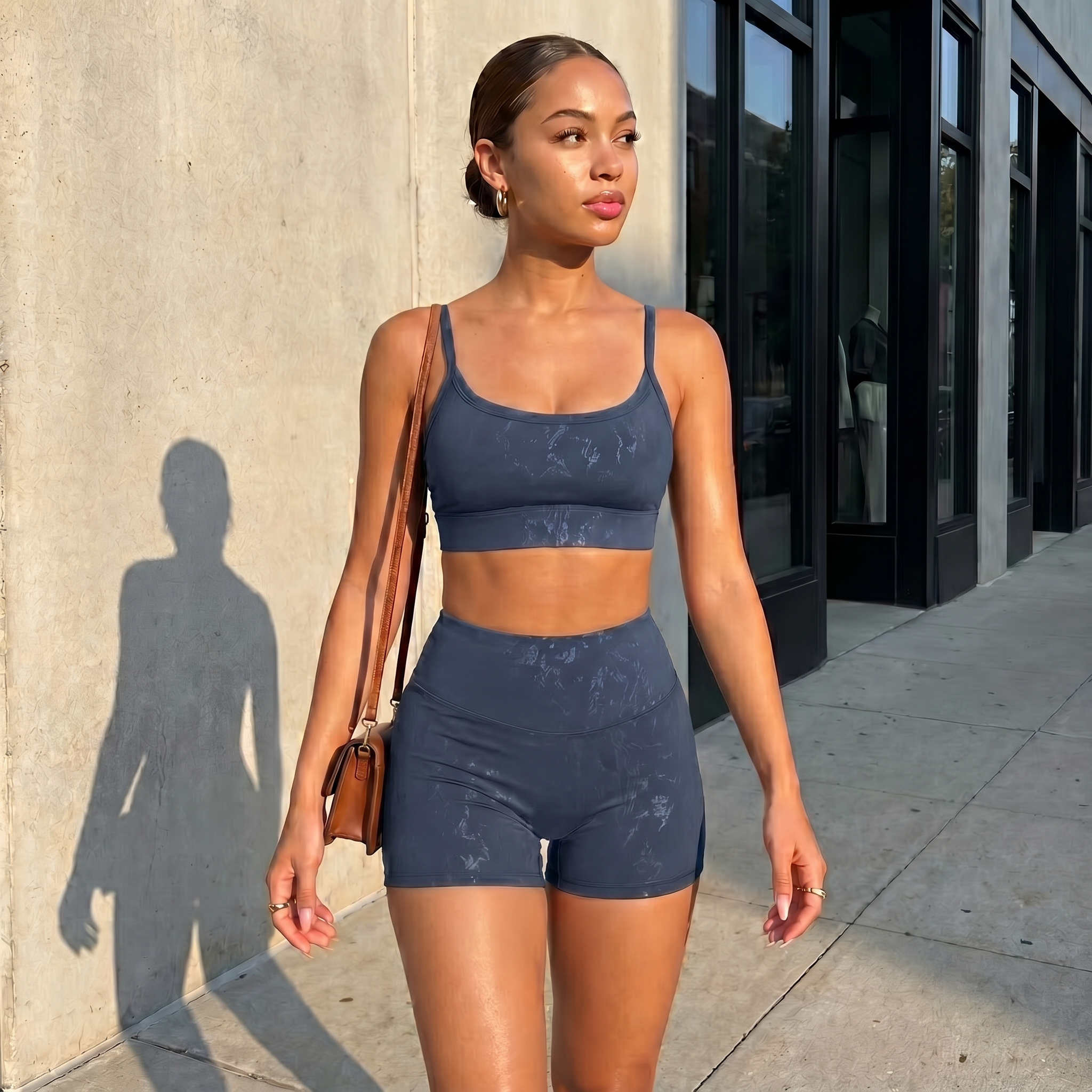 Mead blue spaghetti-strap crop top and high-waisted shorts active set, stretch