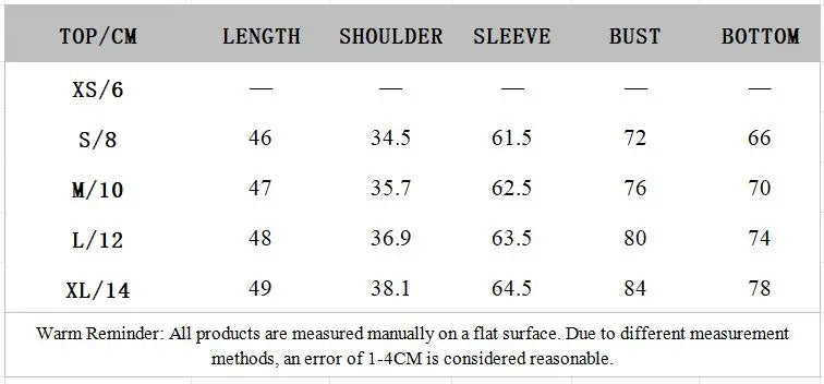 Top size chart with length, shoulder, sleeve, bust, and bottom measurements in cm
