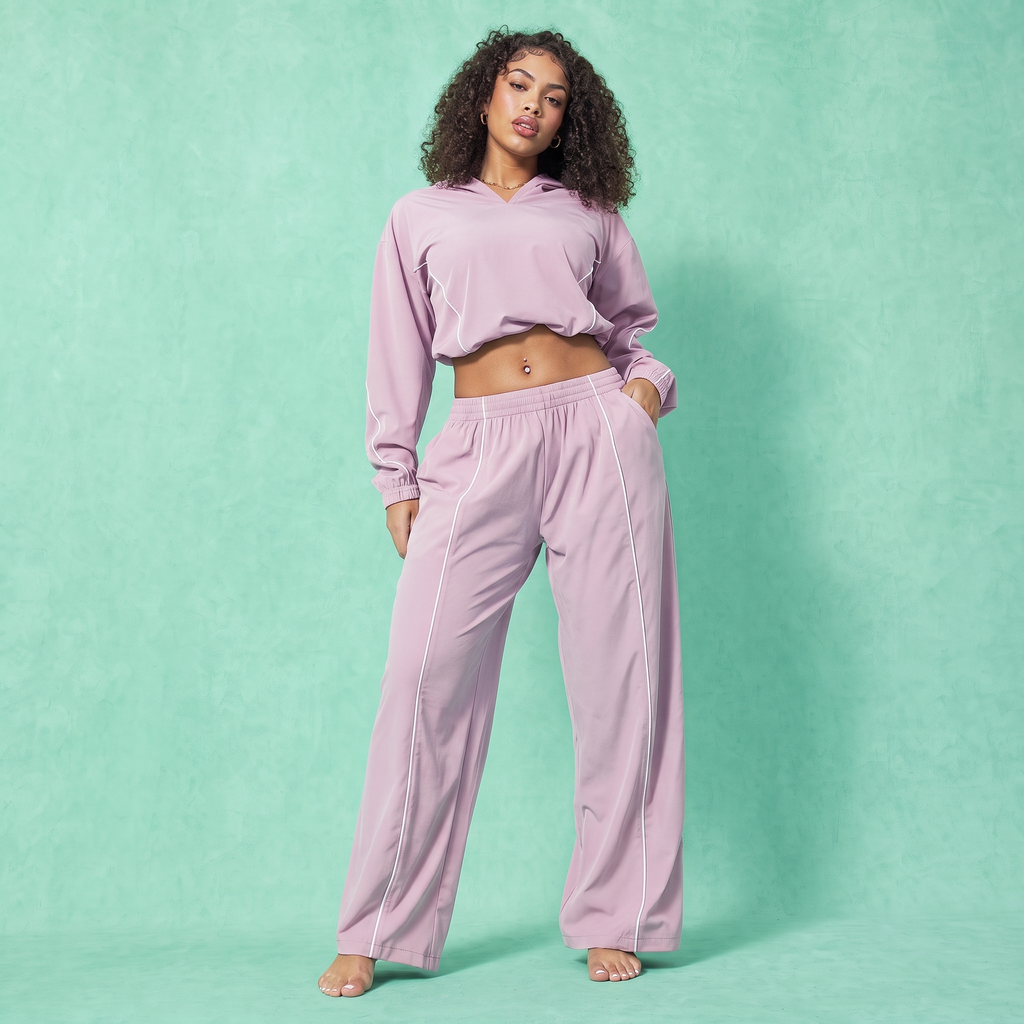 Light mauve baggy crop hoodie and jogger pants set with contrast piping