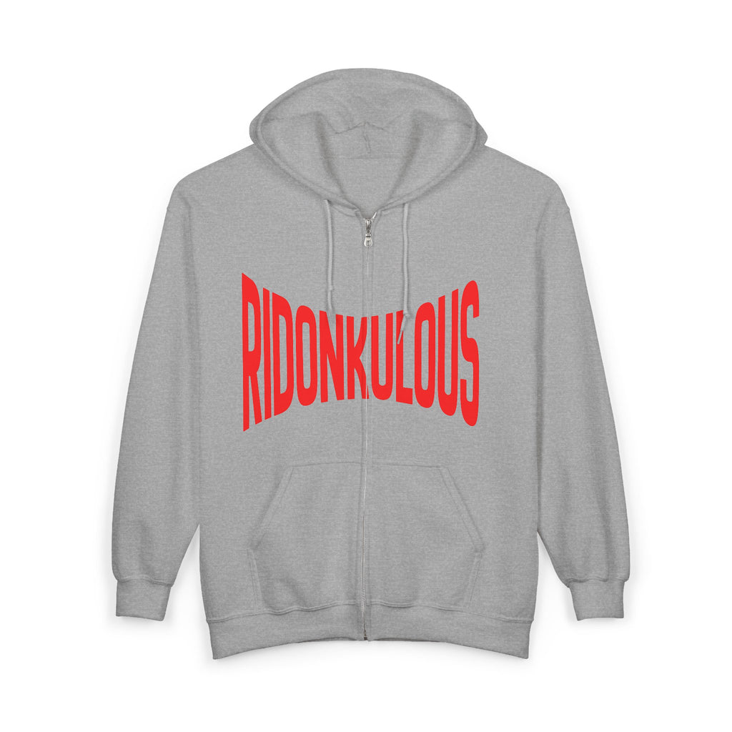 Heather gray full-zip hooded sweatshirt with red “RIDONKULOUS” graphic on front