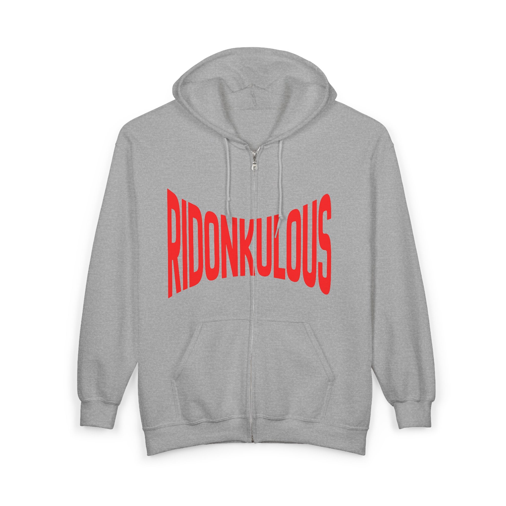 Heather gray full-zip hooded sweatshirt with red “RIDONKULOUS” graphic on front