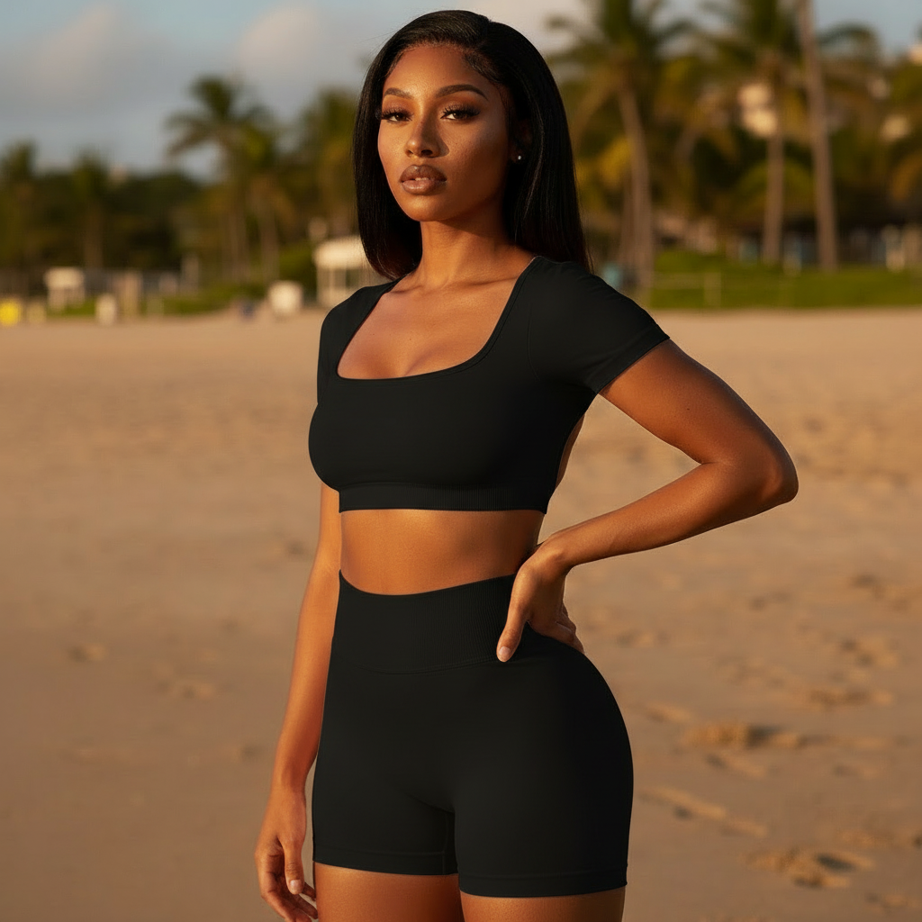 Xooie Fit cute matching gym outfits women featuring a black two-piece set with a crop top and high-waisted shorts