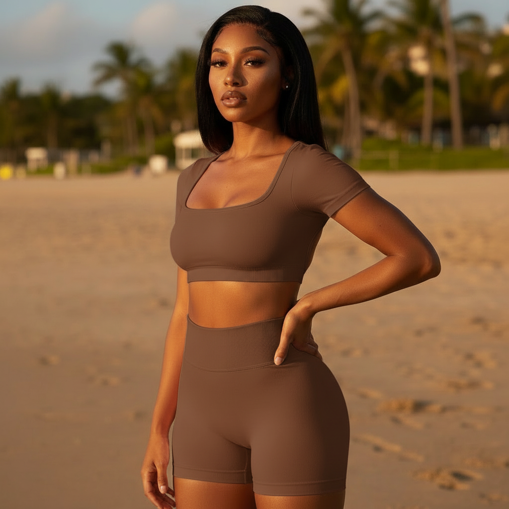 Mocha brown crop top + high-waisted shorts set, scoop neck, matching activewear