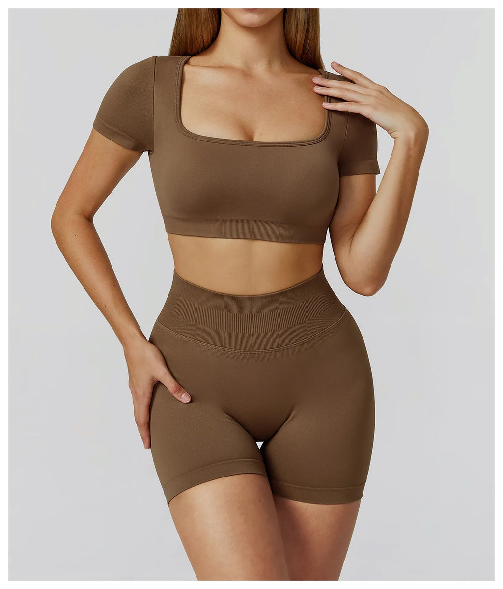 Mocha brown crop top and high-waisted shorts set, scoop neckline front