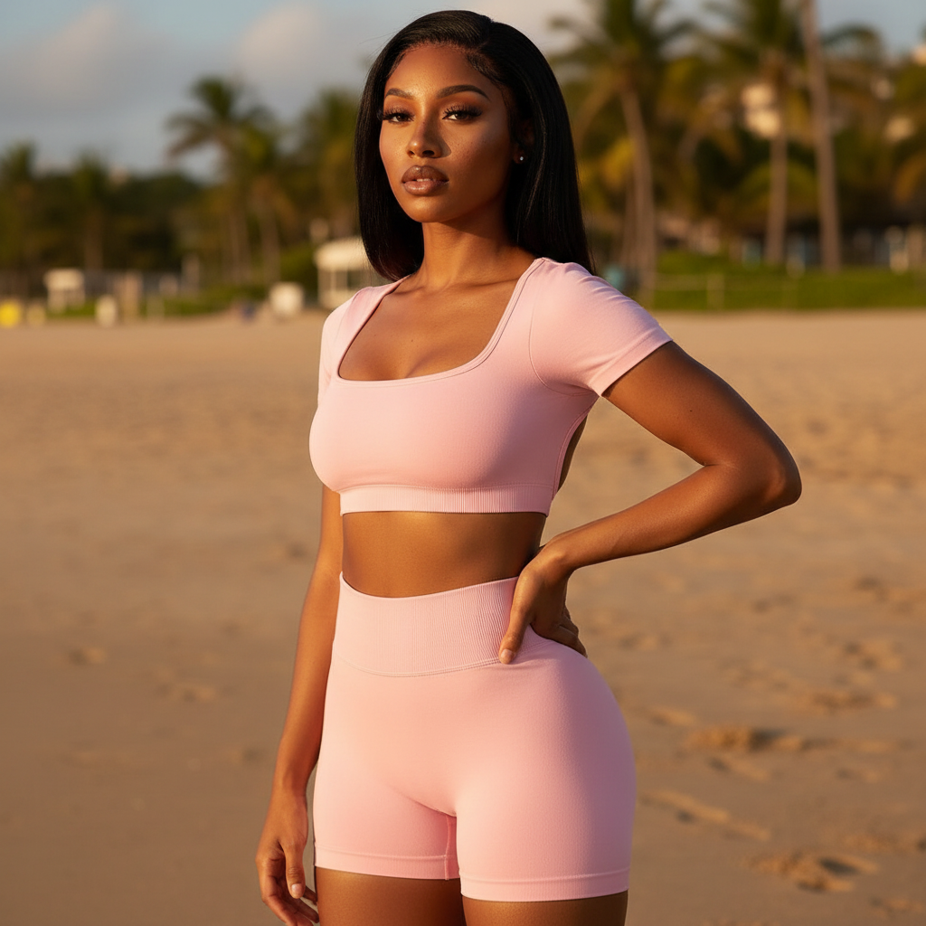 Pink crop top + high-waisted shorts set, scoop neck, matching activewear