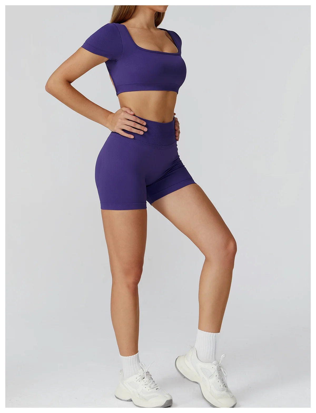 Xooie Fit Cute matching gym outfits women featuring a purple two-piece set with a crop top and shorts