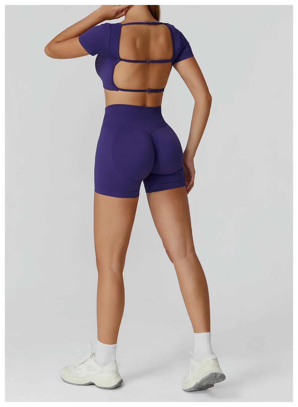 Royal blue backless crop top + high-waisted shorts set, open-back strap detail