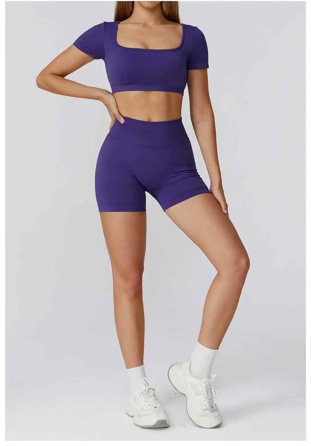 Royal blue crop top + high-waisted shorts set, front view, high-rise shorts