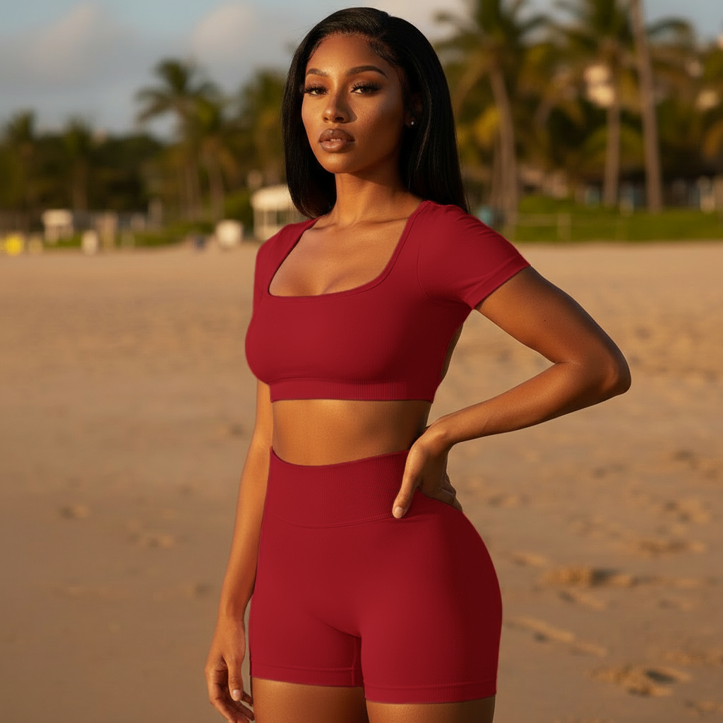 Wine red crop top + high-waisted shorts set, scoop neck, matching activewear