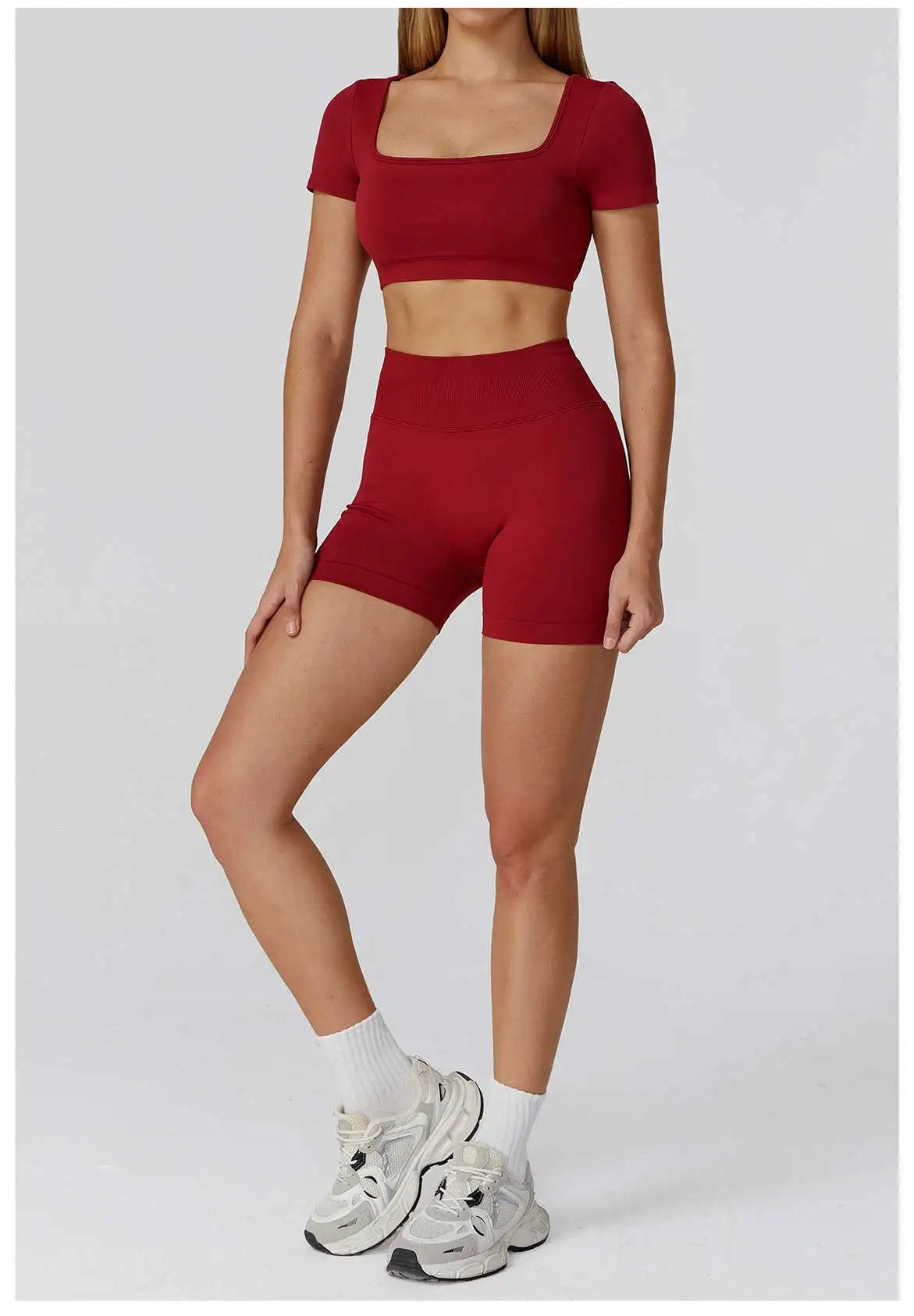 Wine red square-neck crop top and high-waisted matching shorts active set