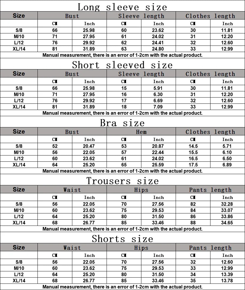 Size chart table with bra, shorts, and measurements for S/8 to XL/14