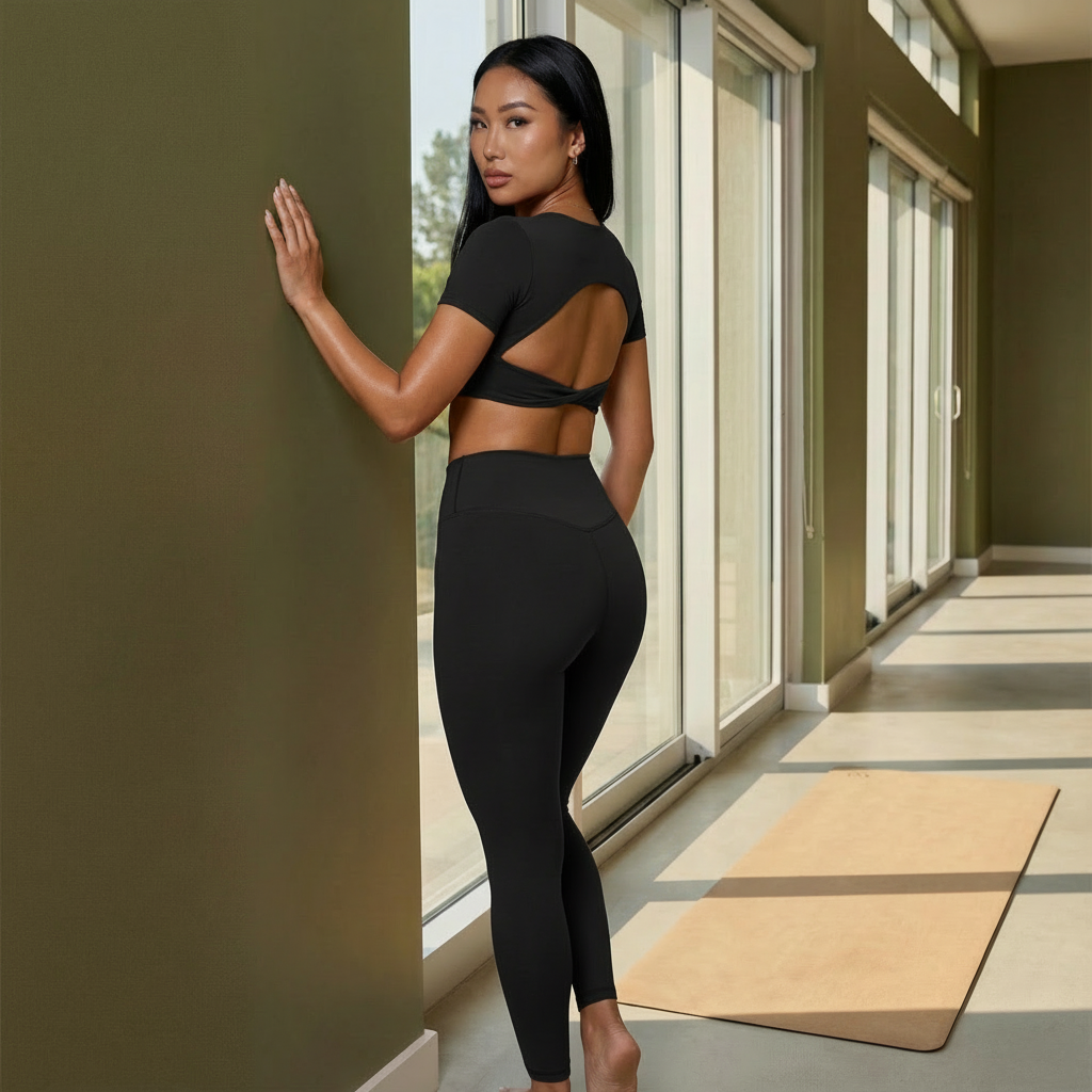 Black set: back-twist crop top with cutout and high-rise leggings