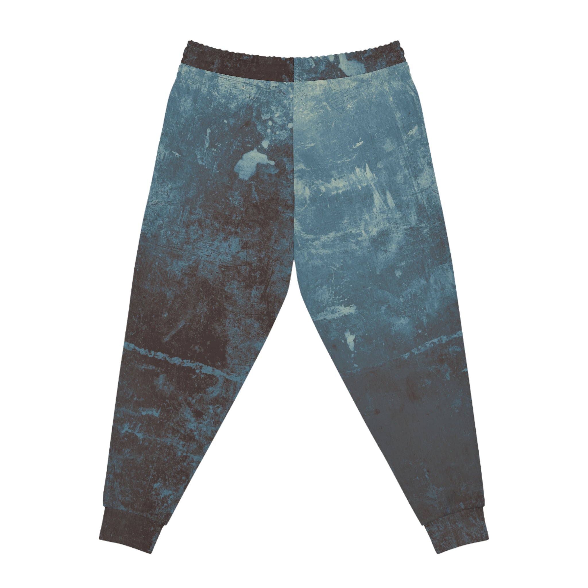Distressed athletic sweatpants in blue-gray with an all-over print design for a stylish look