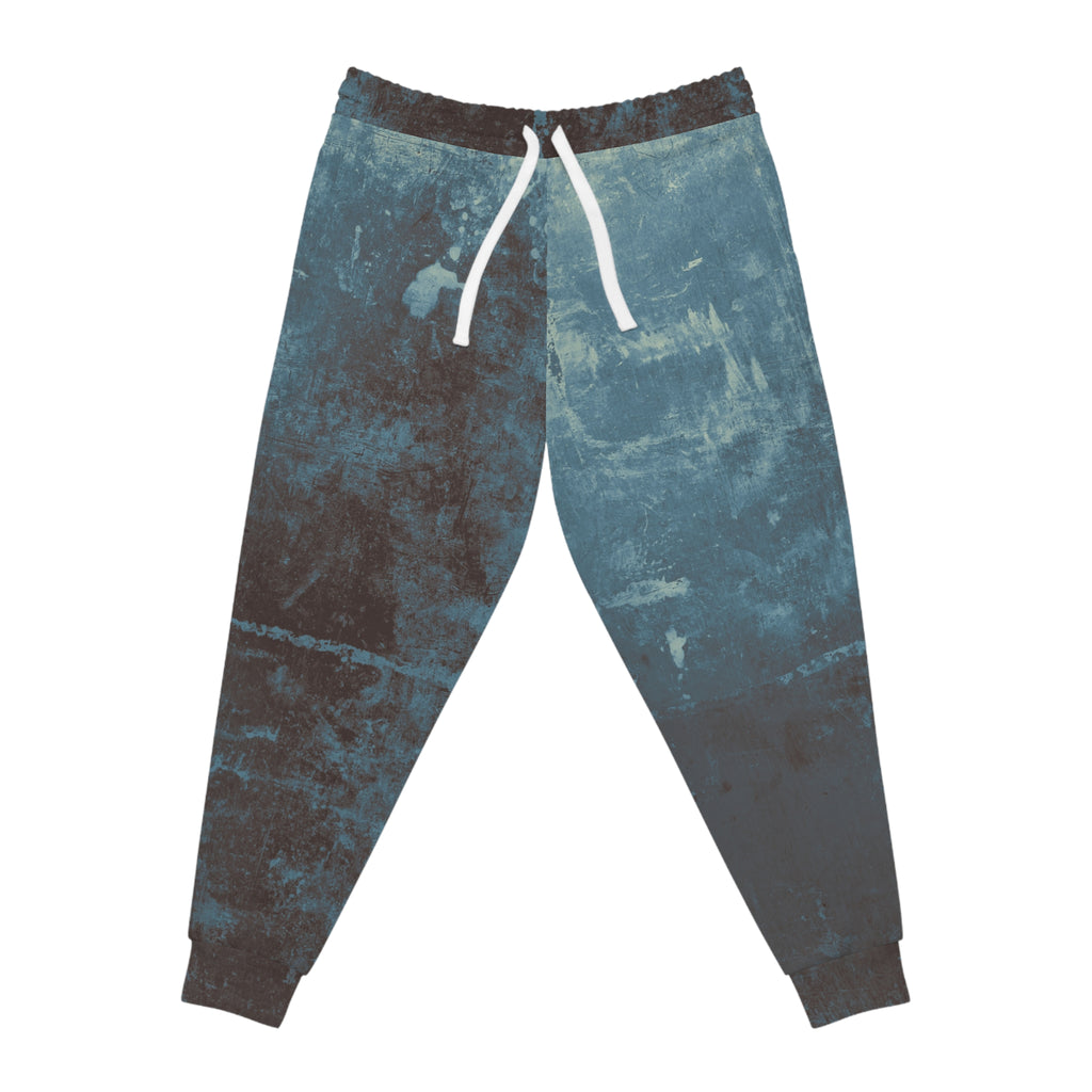 Distressed athletic sweatpants in blue and black with a textured pattern for comfortable wear