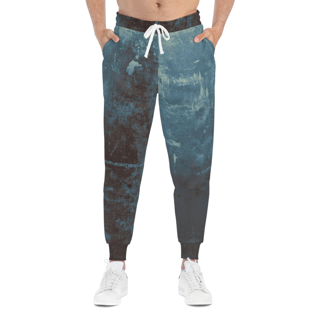 Distressed athletic sweatpants in blue and black with a comfortable fit for active wear