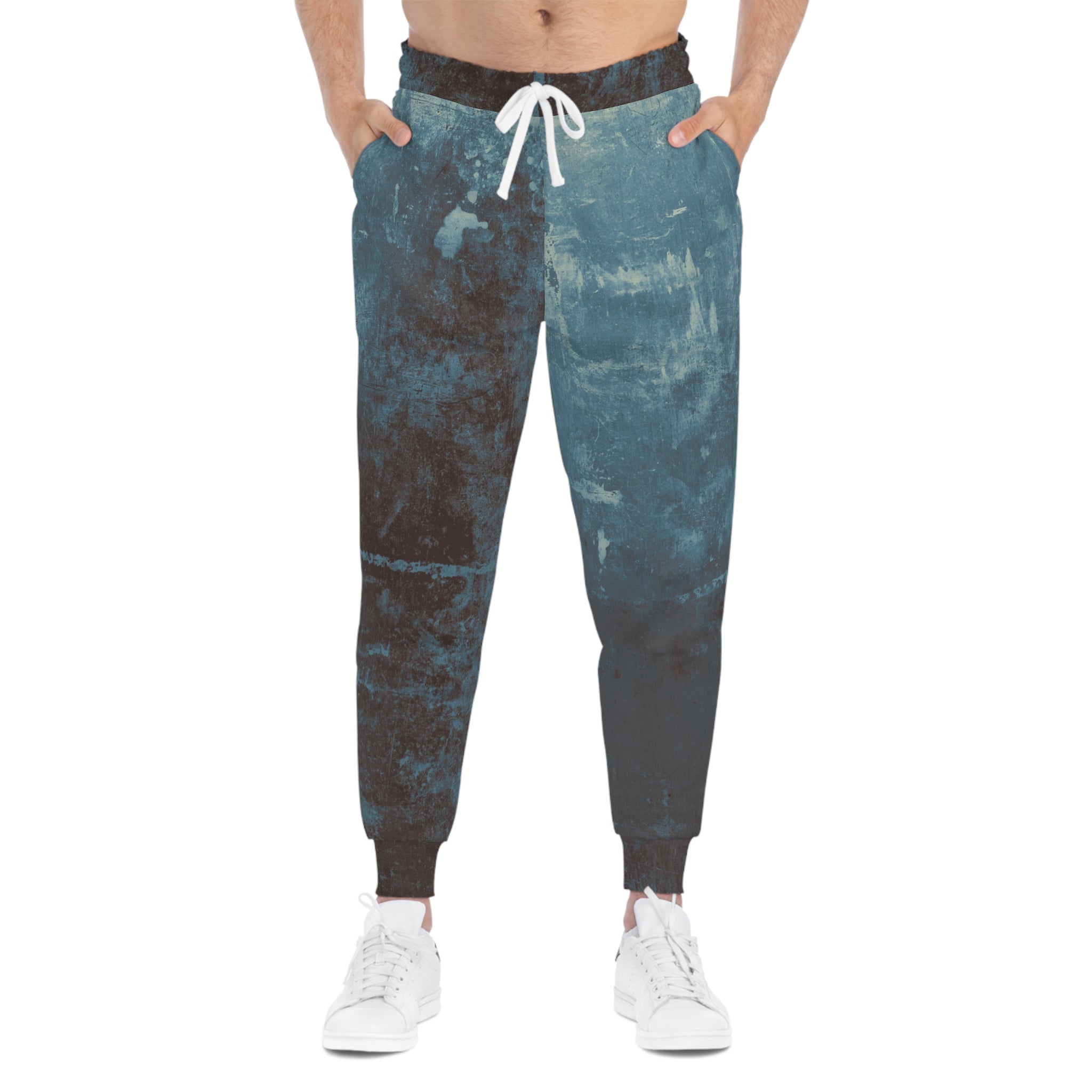 Distressed athletic sweatpants in blue and black with a comfortable fit for active wear