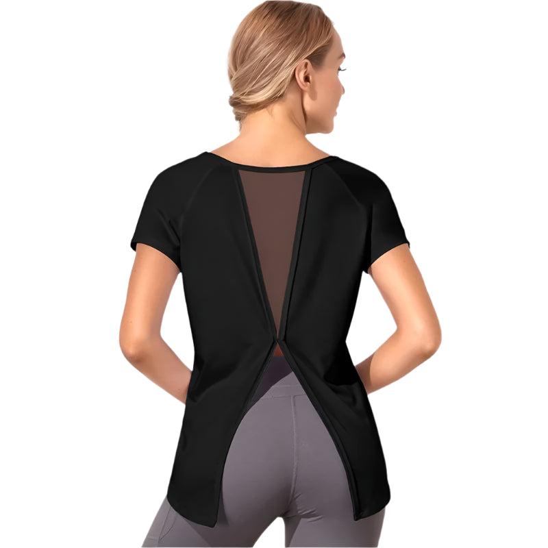 Xooie Fit black dovetail split workout shirt with mesh back panel and short sleeves