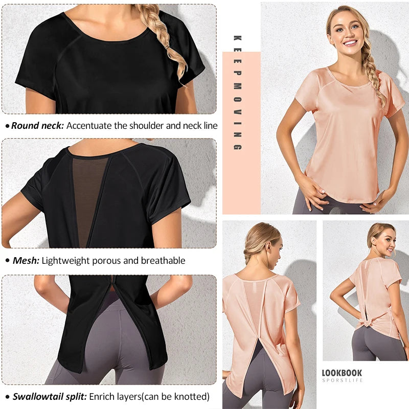 Xooie Fit dovetail split workout shirt in black and peach with round neck, breathable mesh, and swallowtail split design