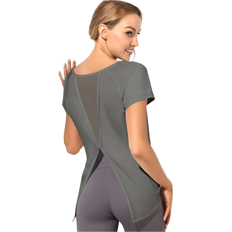Xooie Fit dovetail split workout shirt in gray with mesh back panel and short sleeves for women