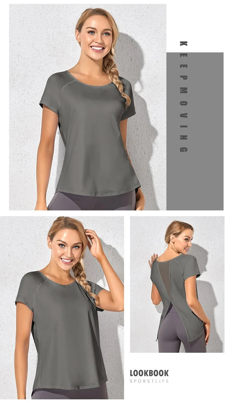 Xooie Fit dovetail split workout shirt in gray shown from front and back on a smiling woman
